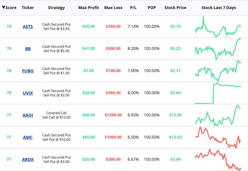 A screenshot from The Wheel Screener dashboard.